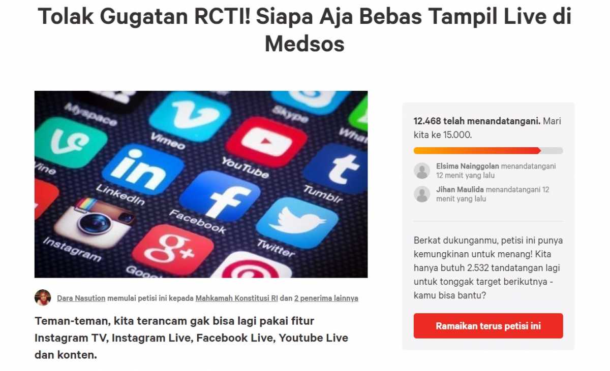 Puluhan Ribu Orang Minta Siapa Saja Bebas Live di Medsos, Sebut RCTI Ga Oke Puluhan Ribu Orang Minta Siapa Saja Bebas Live di Medsos, Sebut RCTI Ga Oke