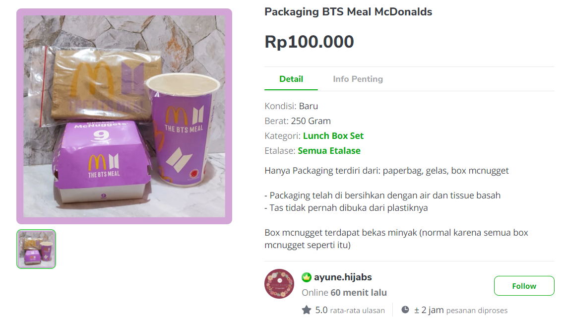 Kemasan McD BTS Meal Bekas Dijual Di E-Commerce, Harga Capai Ratusan Ribu