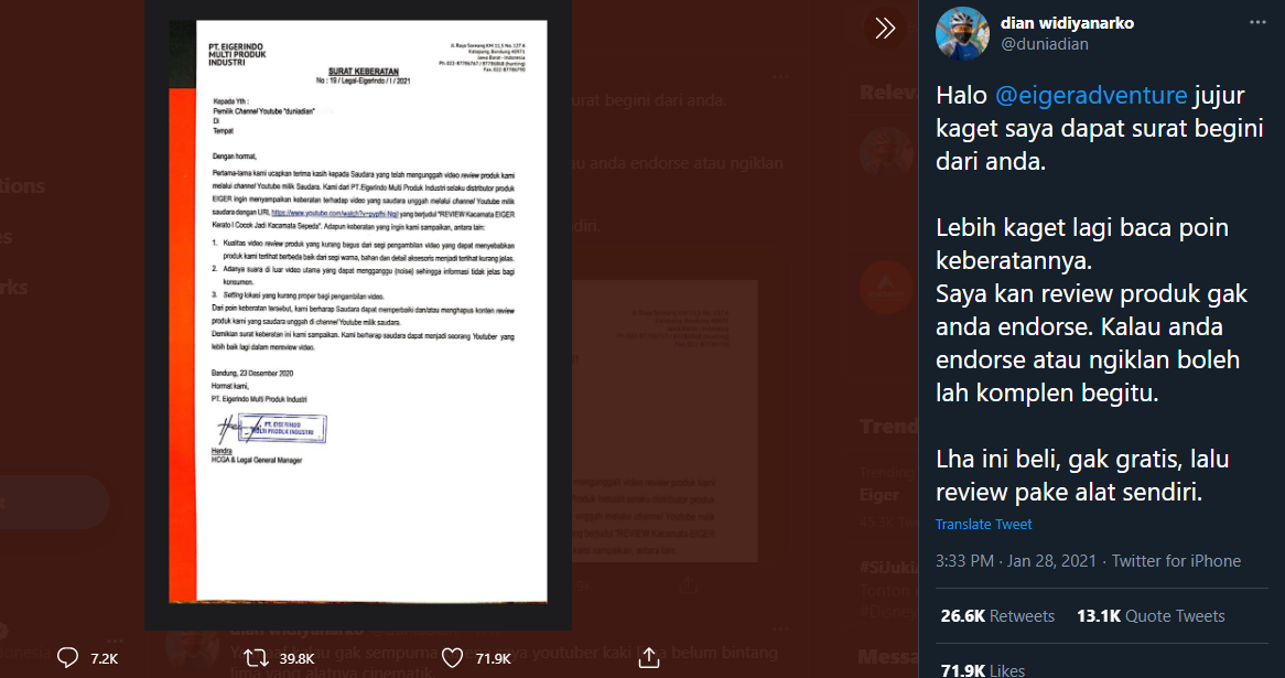 Lagi Viral! Komplain Review dari YouTuber, Eiger Diserang Netizen Lagi Viral! Komplain Review dari YouTuber, Eiger Diserang Netizen